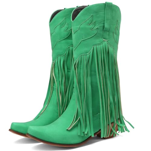 Women Fringe Cowboy Boots Square Toe Mid Calf Embroidered Western Boots Tassel Cowgirl Boots Stacked Chunky Low Heel Boots