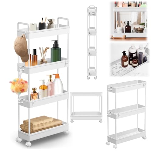 4 Tier Trolley on Wheels Slim Storage Cart Slide-out Slim Rolling Utility Cart for Narrow Space, Mobile Shelving Unit for Bathroom Kitchen Laundry