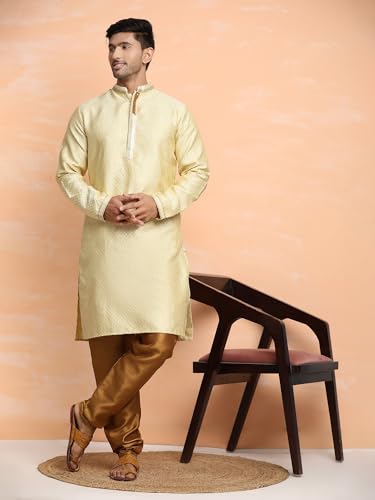 Image of SKAVIJ Men's Brocade Silk Embroidered Kurta Pajama Set Thread Work Festive Party Ethnic Dress