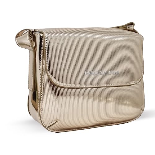 Agatha Ruiz de la Prada Bolso Bandolera metalizado oro líneas verticales