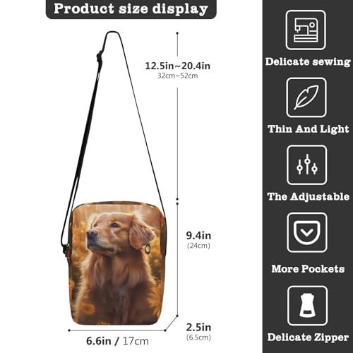 Golden Retriever Dog Sling Bag Zipper Closure Crossbody Messenger Bag with Card Phone Passport Compartment 6.6×9.4×2.5 inches3