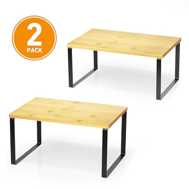 SpaceAid Cabinet Shelf Organizers 2 Pack, Kitchen Counter Rack Shelves Riser, Stackable Expandable Spice Rack, Pantry Cupboard Storage Organization (Black and Natural, Short)