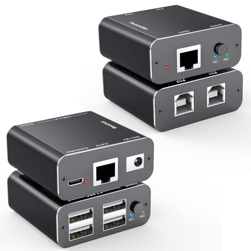 USB Extender Over Cat6/7 USB Switch for 2 Computers with 4 USB 2.0 Ports Plug and Play Supports Keyboard and Mouse USB Over Ethernet No Latency POC Power 164FT/50M