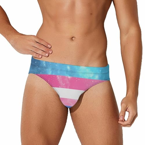 Trans Flag LGBTQ G-alaxy Printed Swim Briefs for Men Sexy Bikini Swimwear Elastic Beach Trunks Bathing Suit