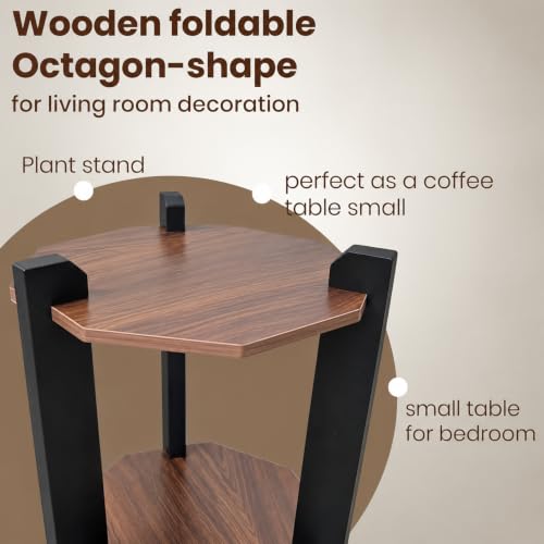 Image of Modern Round Side Table, Home Decor for Living Room, Bed Side Tables for Bed Room, stools for Home, Furniture for Home, 2-Tier White Shelves, 30 x 30 x 40 cm (Octagon Brown Top)