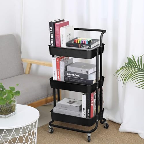 Image of KRISHYAM 3-Tier Mesh Utility Cart with Lockable Wheels, Rolling Metal Storage Organizer, Carbon Steel Kitchen Trolley for Fruits, Vegetables, Bathroom & Home (3-Layer Square with Handle)