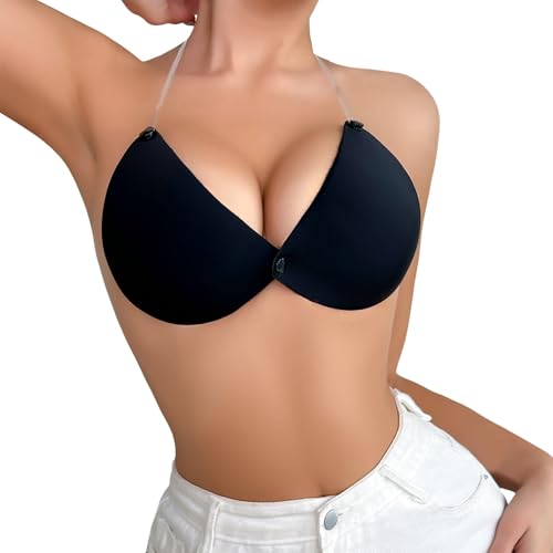 Obtén apoyo y apoyo con nuestro sujetador push up de silicona con tirantes transparentes y cierre frontal sin costuras, Negro , M