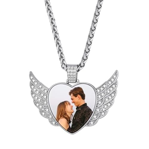 Custom4U Heart Necklace Picture Pendants for Men Wings Necklace Gold Pendant for Women Angel Wing with CZ-Silver 30 Inches