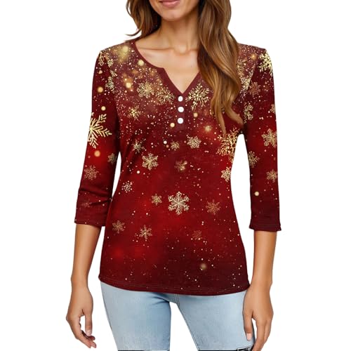 Image of Women Christmas Shirt 3 /4 Length Sleeve Henley Tops Xmas Outfits