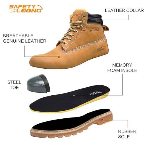 Image of Steel Toe Work Boots for Men, 6-Inch Non Slip Comfortable Leather Waterproof Industrial Construction Safety Workboots