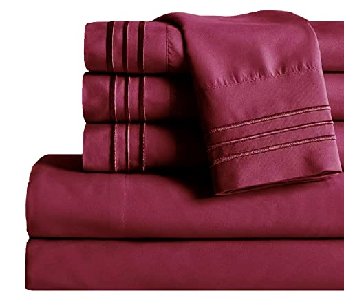 Image of Mocassi Cali King Sheet Set - Luxury Hotel 1800 Premier Bedding Sheets & Pillowcases - Ultra Soft Breathable & Cooling Bed Sheets - Deep Pocket - Wrinkle Resistant - 4 Piece - Cali King, Burgundy