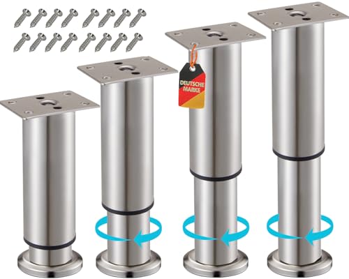 Stahlia Möbelfüße verstellbar Tischbeine Metall Edelstahl Optik 150-270mm (4er Set) Ø38mm Bettfüße Füße für Möbel Sofa Füße Möbelerhöhung Schrankfüsse Möbelbeine