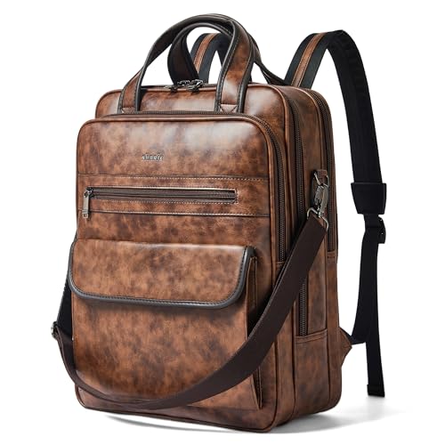 Shrrie Laptop Backpack for Women and Men, 15.6 Inch Vegan Leather Computer Backpack Professional Water-Resistant Casual Daypack for Work Business College Travel Office,Two-toned Brown