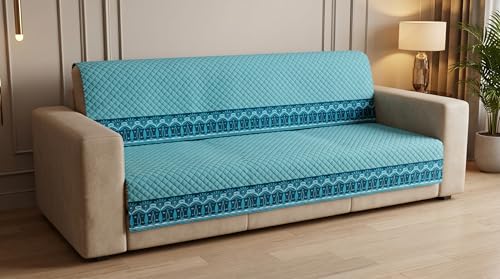 Image of KINGLY Sofa Cover 4 Seater Fully Covered | Stretchable Anti-Slip Slipcover | Washable Furniture Protector | Mint Blue | Set of 2 | Seat & Back |