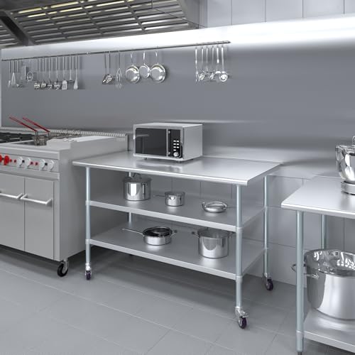 Image of AmGood Stainless Steel Work Table with 2 Shelves and Casters | Metal Utility Table On Wheels (Stainless Steel Work Table with 2 Shelves + Casters, 60 inch Long x 30 inch Deep)