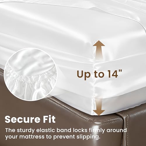 Image of Love's cabin Satin King Sheet Sets - 4 Piece White Silky Sheets King Size Bed Set with Deep Pocket, Luxury Silk Feel King Size Satin Sheet Set (1 Flat Sheet,1 Fitted Sheet,2 Pillow Cases)