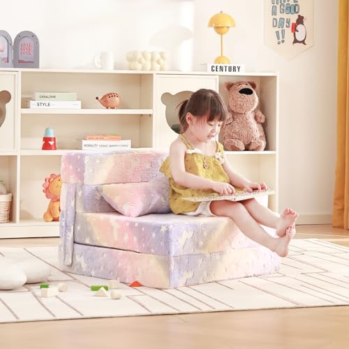 Givjoy Folding Sofa Bed Floor Mattress for Kids with Pillow, Toddler Washable Folding Floor Nap Mat Futon, Child Fold Up Sofa Folding Chair Bed with Storage Bag for Girls and Boys