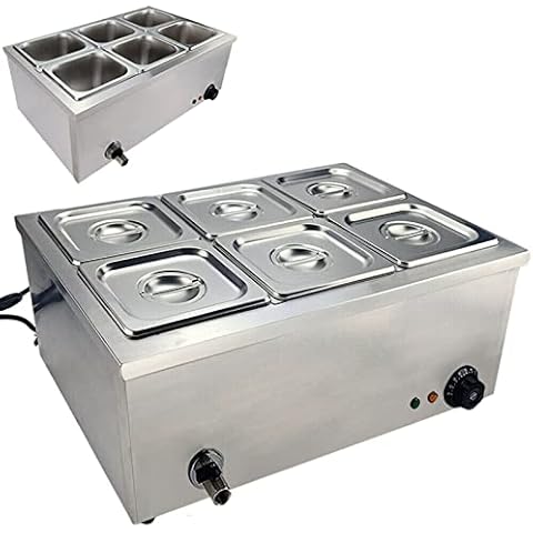 Commercial Bain Marie Food Warmer with 6 Pots, 1500W Electric Buffet Server Wet Heat Food Warmer with Lid, Adjustable Temperature Button, Drain Tap, Stainless Steel Cover