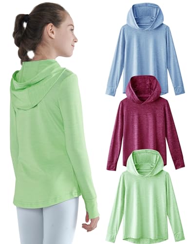3 Pack Athletic Girls Long Sleeve Shirts with Thumb Holes, Workout Hoodies for Kids, Hooded Shirt Pullover Tops (Set 3, Medium)