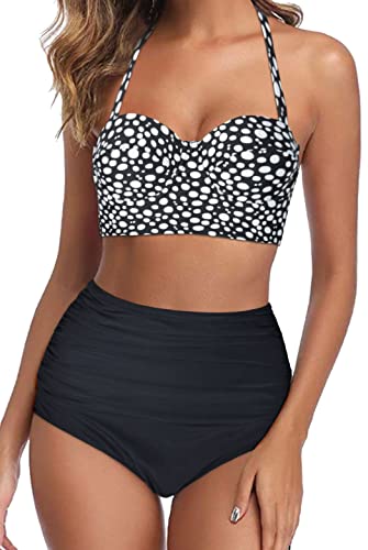 Octopus Trendiger Damen Bügel Bikini 2tlg. Bademode Set High Waist Slip f5674 Farbe: B22(1449)-S11(sw) Bikini Oberteil gepunktet (1449), Slip Schwarz, Gr. 34 Cover