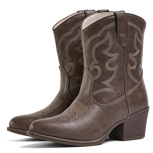 Image of IXU Cowboy Boots for Women Wide Suede Ankle Western Cowgirl Boots Mid Calf Pointed Toe Short Chunky Classic Booties