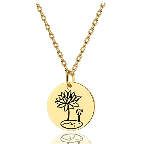 FindChic Dainty Gold Necklaces for Women Birth Flower Pendant July Lotus Guardian Floral Disc Pendant 14K Gold Plated VermeilRound Coin Medal Jewelry Birthday Gifts for Mom