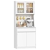 【Moderner Minimalistischer Stil】Das klassische weiße Gehäuse mit transparenten Glastüren und klaren, fließenden Linien schafft eine moderne und minimalistische Ästhetik. Dieser Küchenschrank fügt sich nahtlos in jede Wohneinrichtung ein und verleiht Ihrer Küche eine frische und lebendige Note. Er ist mehr als nur ein praktischer Aufbewahrungsschrank; er ist ein Möbelstück, das die Gesamtästhetik Ihres Zuhauses aufwertet. Dieser Buffetschrank macht Ihre Küche stilvoller und eleganter