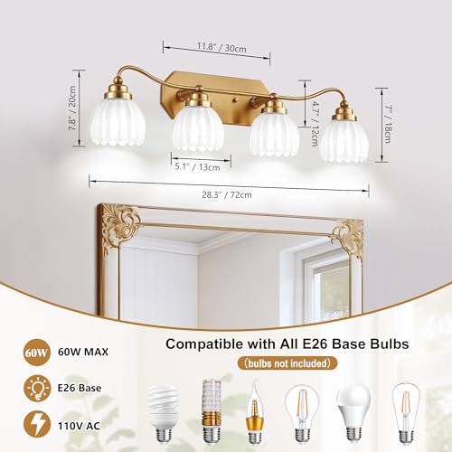Image of Vintage Bathroom Light Fixtures, Gold Bathroom Vanity Light, Matte Antique Brass Finish with Crystal Glass Shade, Wall Sconces Lighting for Bedroom, Living Room, Hallway (Milk White, 4-Light)