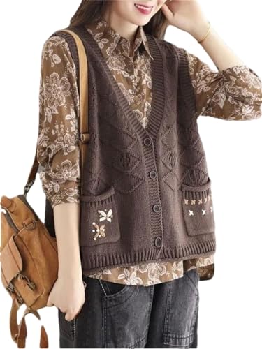 Chaleco de punto para mujer, cárdigan sin mangas top retro chaleco moda hecho a mano suéter mujer ropa, L