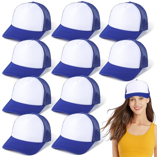 Chewtoyo 10 gorras de camionero en blanco para sublimación, gorras de béisbol de malla ajustable para hombres y mujeres, gorras Snapback, Azul, talla única