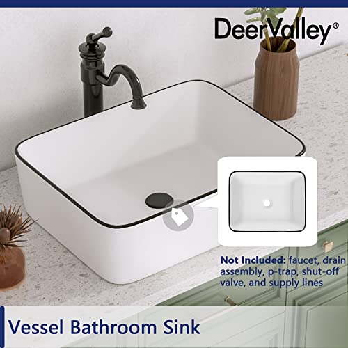 Deervalley Dv-1V0002 Bathroom Sink 19" X 15" Bathroom Vessel Sink Rectangular Above Counter Vessel Sink, White Body Black Trim #TOP4