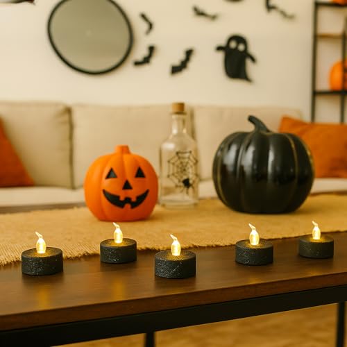 Image of 12PCS Black Tea Lights with Timer,Glitter Sparkly Tealights Candles Warm White Flickering Battery Operated for Gothic Wedding, Valentine's Day Home Decorations