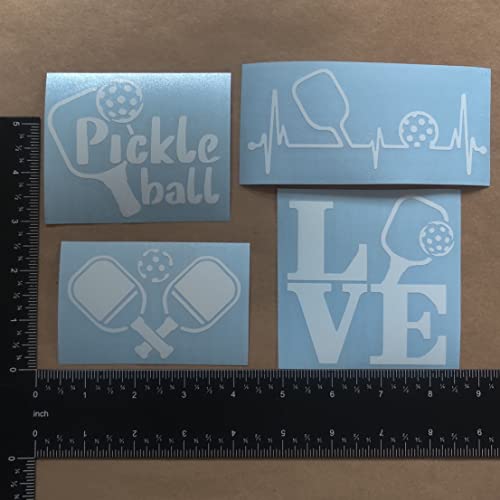 Image of Pickleball Decals 4 Pack: Pickle Ball, Pickleball Heartbeat, Paddles and Pickleball, Love Pickleball Decals (White, Small ~3.5 inch)