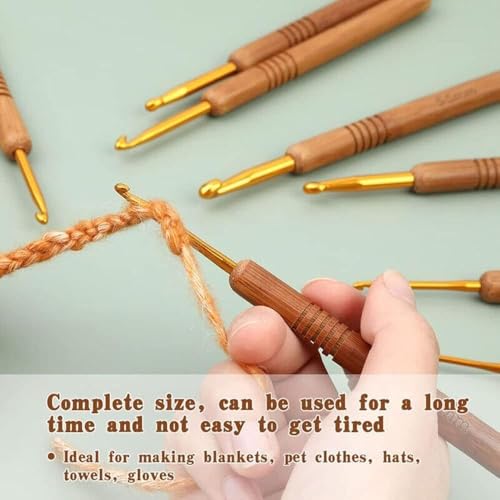 Image of VIRADHAM Crochet Kit for Beginners, Complete Crochet Hook Set with Ergonomic Wooden Hooks, Yarn, Stitch Markers, Needles, Scissors & Storage Bag (Wood Gold Crochet Yarn Pouch kit)