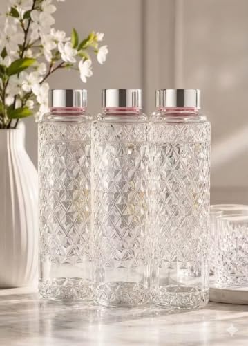 Image of Diamond Cut Glass Water Bottles with Stainless Steel Lid, Clear, Set of 6, 1000ml, BPA Free, Kids' School Water Bottles, Lab Weighing Bottles, GYM Water Bottle