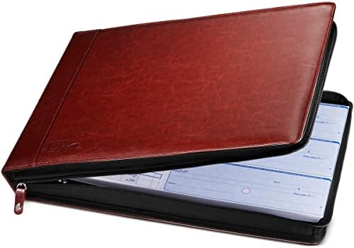 Inkline Deluxe 7 Ring Check Binder Portfolio -Professional PU Leather Binder with Zippered Closure -500 Check Capacity -9x13" Sheets -Doc & Card Organizer - Large Pockets - Mahogany Brown (80014)