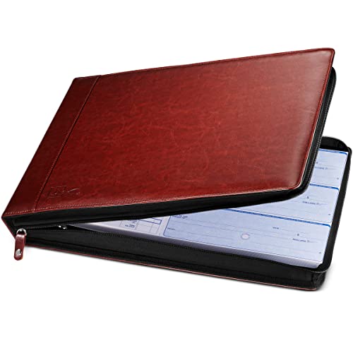 Image of Inkline Deluxe 7 Ring Check Binder Portfolio -Professional PU Leather Binder with Zippered Closure -500 Check Capacity -9x13 Sheets -Doc & Card Organizer - Large Pockets - Mahogany Brown (80014)