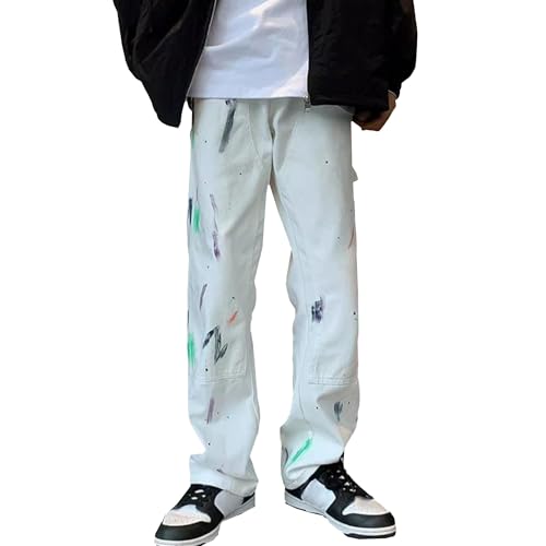 Mens Print Denim Work Pants Classic Regular-fit Pockets Jean Slim Fit Straight Cargo Jeans Pant