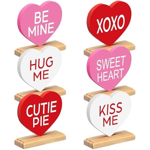 Yousoontic 6 Pcs Valentine's Day Table Decor Wooden Valentines Decorations Heart Shaped Tabletop Centerpiece Sign Farmhouse Home Decor Gifts for Valentine Party Wedding Engagement Anniversary Couple Cover