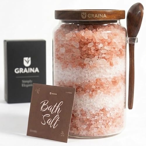 Graina Large Bath Salt Container with Scoop | 74 oz Bath Salt Jar with Lid & Scoop | Airtight Glass Canister Premium Dark Acacia Lid Bathroom Storage Sugar & Coffee Canister Home Storage