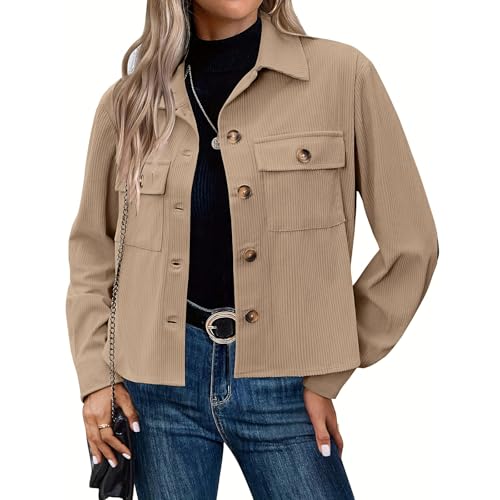 Womens Cropped Jackets Button Down Shacket Jackets Casual Long Sleeve Solid Trendy Fall Winter Lightweight Coats