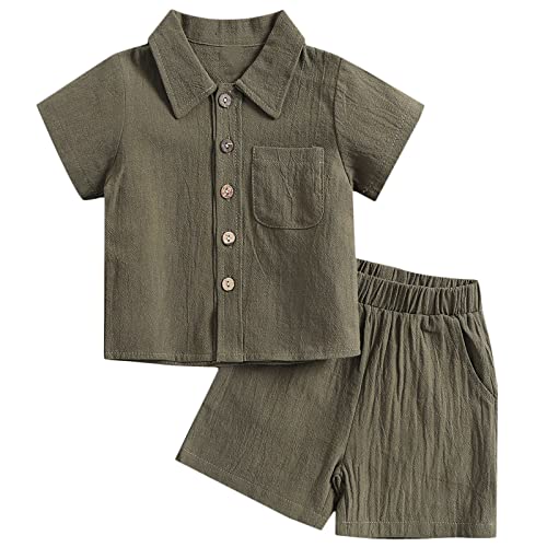 oddler Baby Boys Clothes Set Cotton Linen Short Sleeve Button-Down Shirt Tops and Shorts Summer Outfits, Green, 18-24 Months = Tag 90