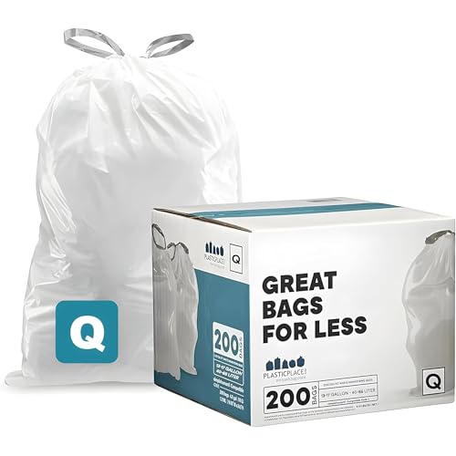 Image of Plasticplace Custom Fit Trash Bags Compatible with simplehuman Code Q (200 Count) Drawstring Garbage Bags 13-17 Gallon White, Tear-Resistant Tall Kitchen Trash Bags for Garbage Cans Recycling 1.2 Mil