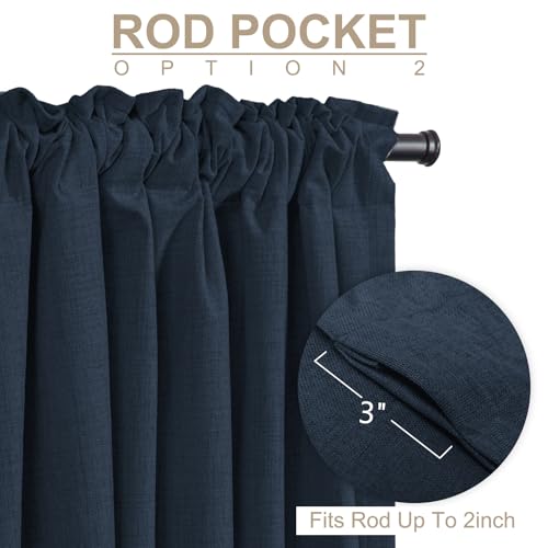 Image of 100% Blackout Shield Linen Blackout Curtains for Bedroom 108 Inches Long, Back Tab /Rod Pocket Living Room Drapes, Thermal Insulated Blackout Curtains 2 Panels Set, 50 inch W x 108 inch L, Navy
