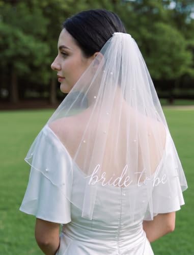 ADOME Veil White Short Wedding Veil Pearl Bachelorette Party for Brides - image 5