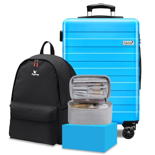 Image of KEYTANG Zebra 20 inch Expandable Carry-On Luggage Set with TSA Lock, Lightweight Hardshell Suitcase with Spinner Wheels, PC+ABS Durable Checked Luggage, Bonus Travel Backpack & Cosmetic Makeup Bag,Blue