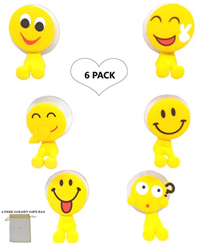 Emoji Toothbrush Holder Set for Kids, Perfect Fun for Motivating Children to Brush Teeth, 6 Pack Wall Mounted Heavy Duty Suction Cup Hooks, Decor for Shower, Bathroom, Garage, Office, Birthday Gift