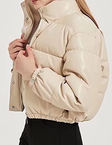 Flygo Women's Faux Leather Puffer Jacket Zip Up Padded Winter Bubble Coat Down Jacket(Beige-L) #TOP2