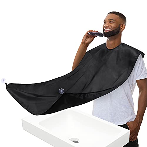 Beard Bib Beard Apron, Beard Hair Catcher for Men Shaving & Trimming, Non-Stick Beard Cape Grooming Cloth, Waterproof, with 4 Suction Cups, Best Gifts for Men - Black