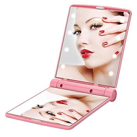 JULEXTravel Makeup Mirror Handheld Mirrors with 8 Dimmable Led Lights Compact Folding Portable Mirror Pocket Purse Size